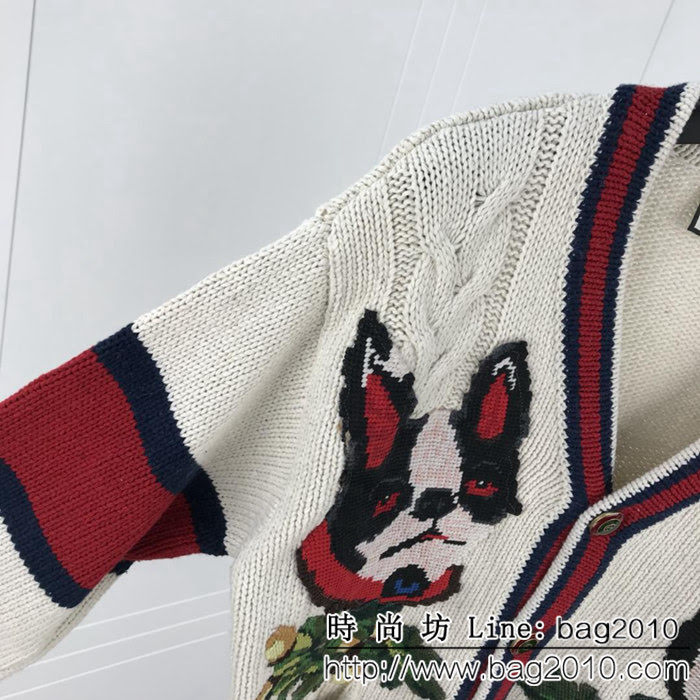 GUCCI古馳 18SS新款 粗線編織麻花刺繡小狗圖案 杏色開衫毛衣 情侶款 ydi1477
